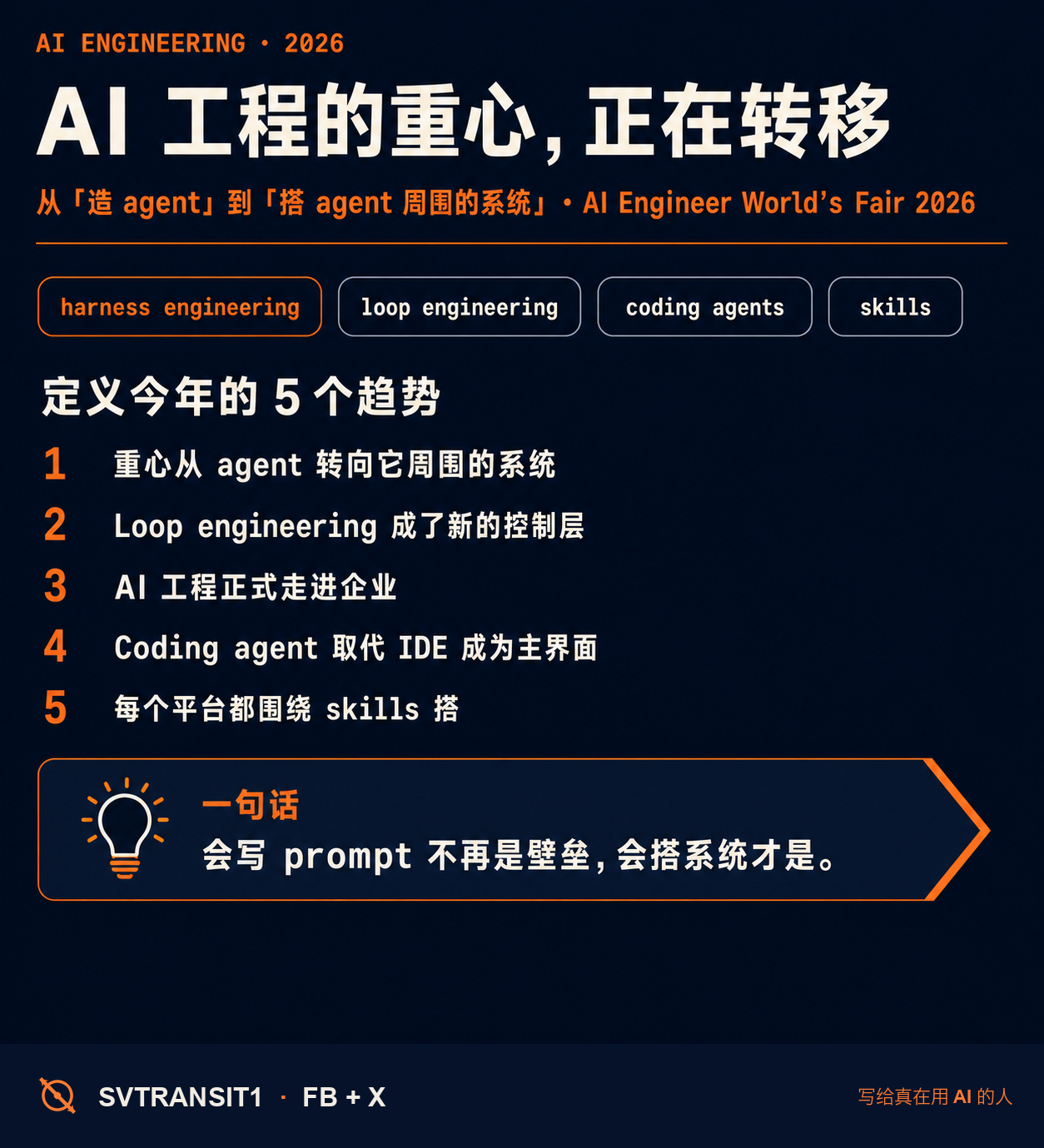 🛠️ 今年的 AI Engineer World's Fair 上,latent.space 总结了 5 个正在定义这个行业的趋势。放在一起看,它们其实在说同一件事:AI 工程的重心,正从「造 agent」挪到「造 agent 周围的系统」。