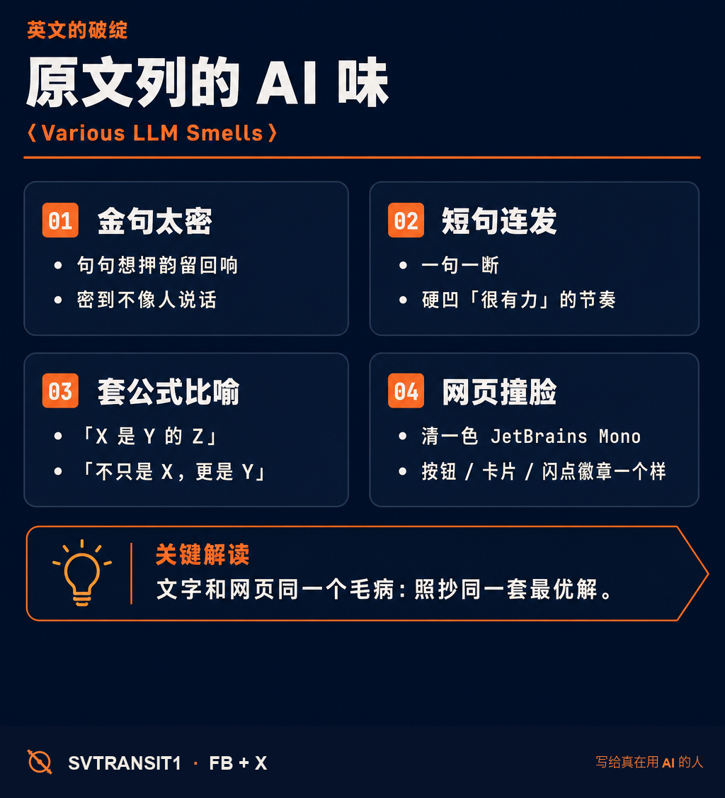 有人在网上整理了一份「AI 味」清单——怎么一眼看出一段文字、一个网页是 AI 做的。看完我有点想笑，因为中文这边，我每天都在跟另一套味儿死磕。👃