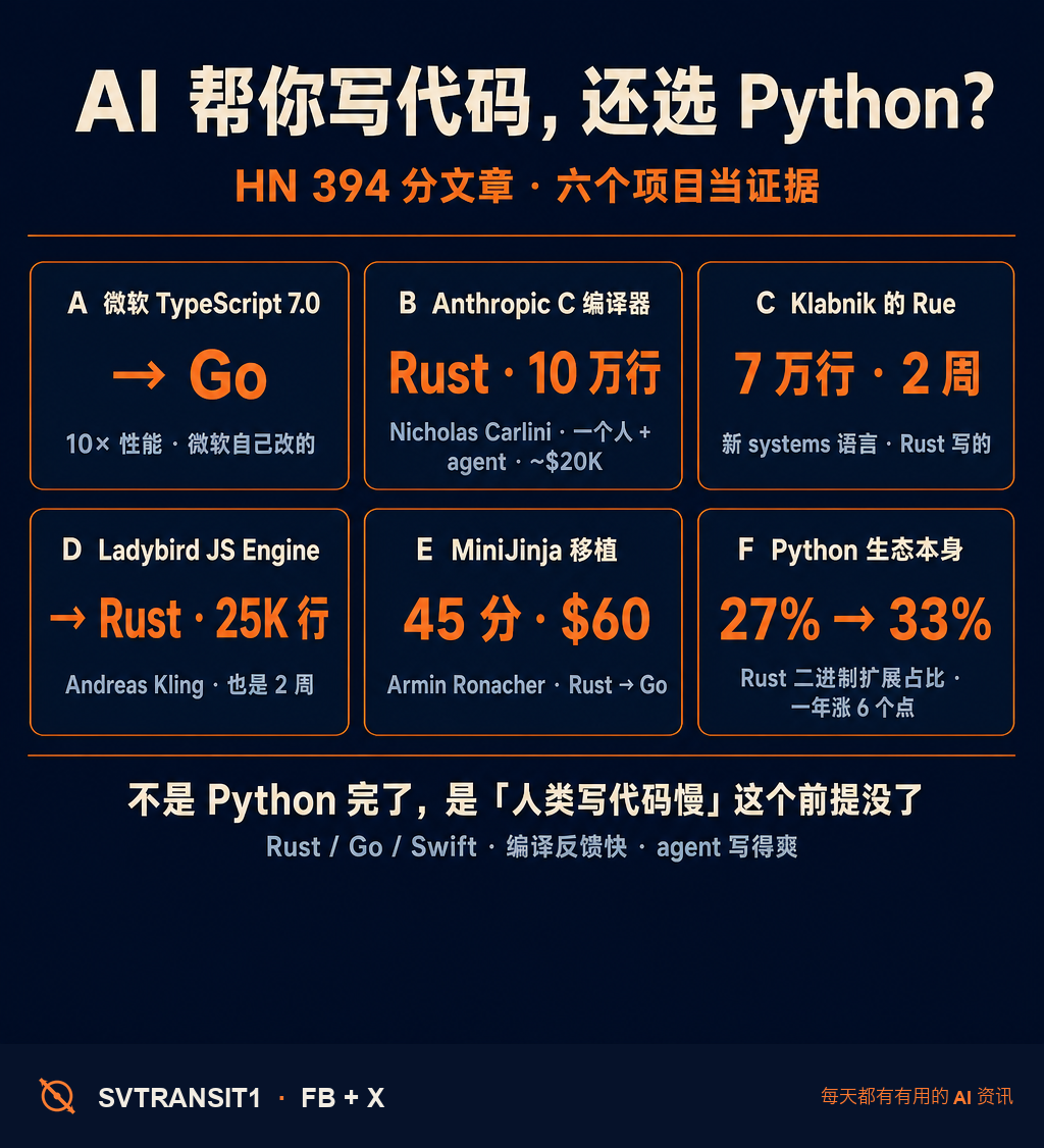 「如果 AI 帮你写代码，你为什么还选 Python？」——这是 HN 前两天冲到首页 394 分的一篇文章抛出的问题。作者的论点很直接：过去 Python 占便宜，是因为人类写代码慢，省时间比省 CPU 重要；但 AI 写代码这件事，正在把这个前提抽掉。