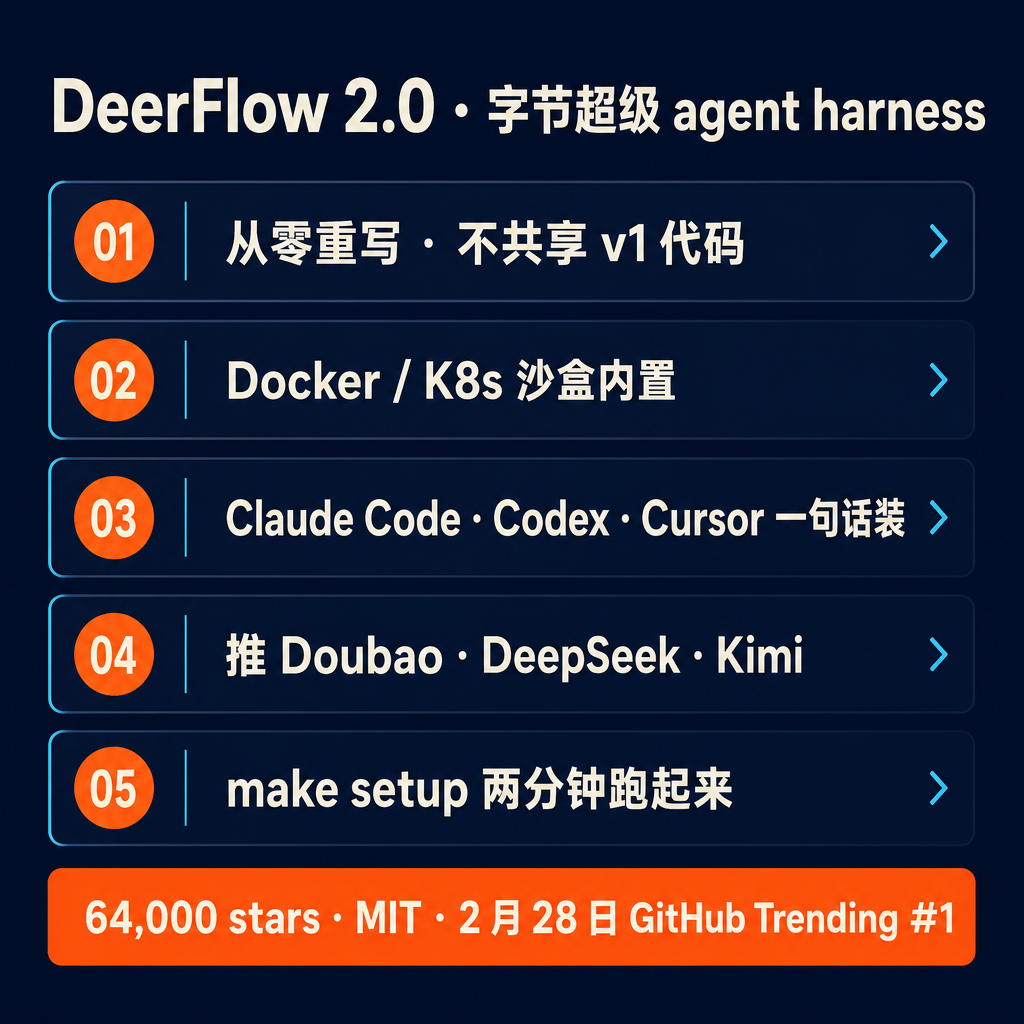 字节昨天把 DeerFlow 推到 2.0——这是开源 super agent harness 这条赛道里最值得看的一次更新,五件事最能说明白它要做什么。