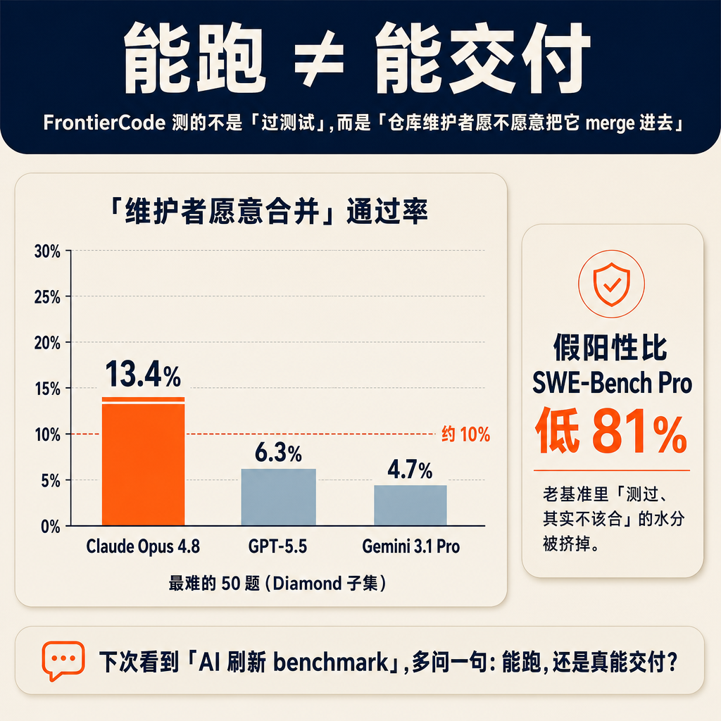 同一批最难的编程题,交给当下三个最能写代码的模型——Claude Opus 4.8、GPT-5.5、Gemini 3.1 Pro 🤖。换一个更狠的判分标准之后,排第一的那个,也只过了一成出头。