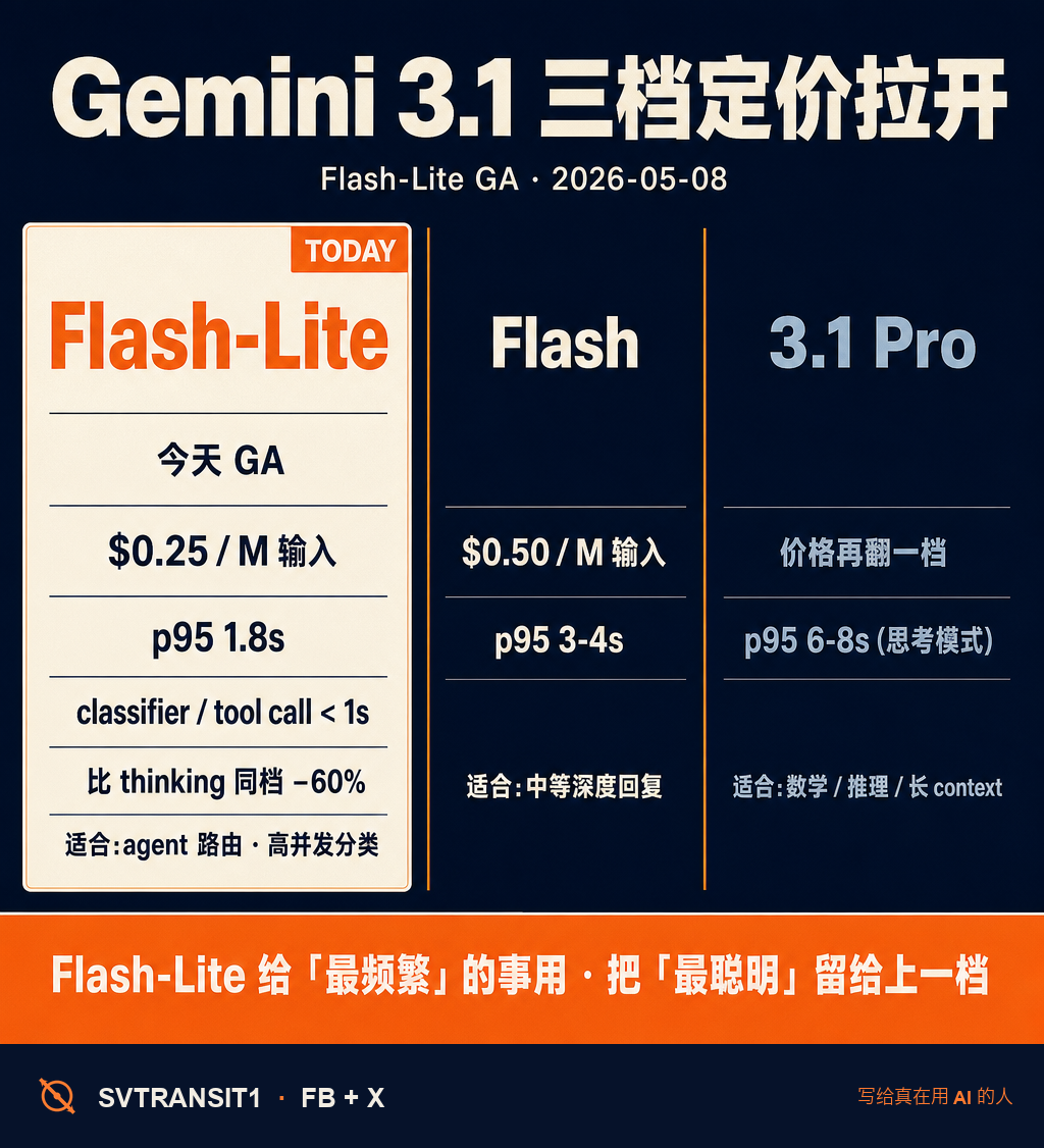 判决先放出来:今天上线 GA 的 Gemini 3.1 Flash-Lite,比同档位 thinking 系列模型便宜 60%,p95 1.8 秒出完整回复,classifier 跟 tool call 跑进 1 秒以内。