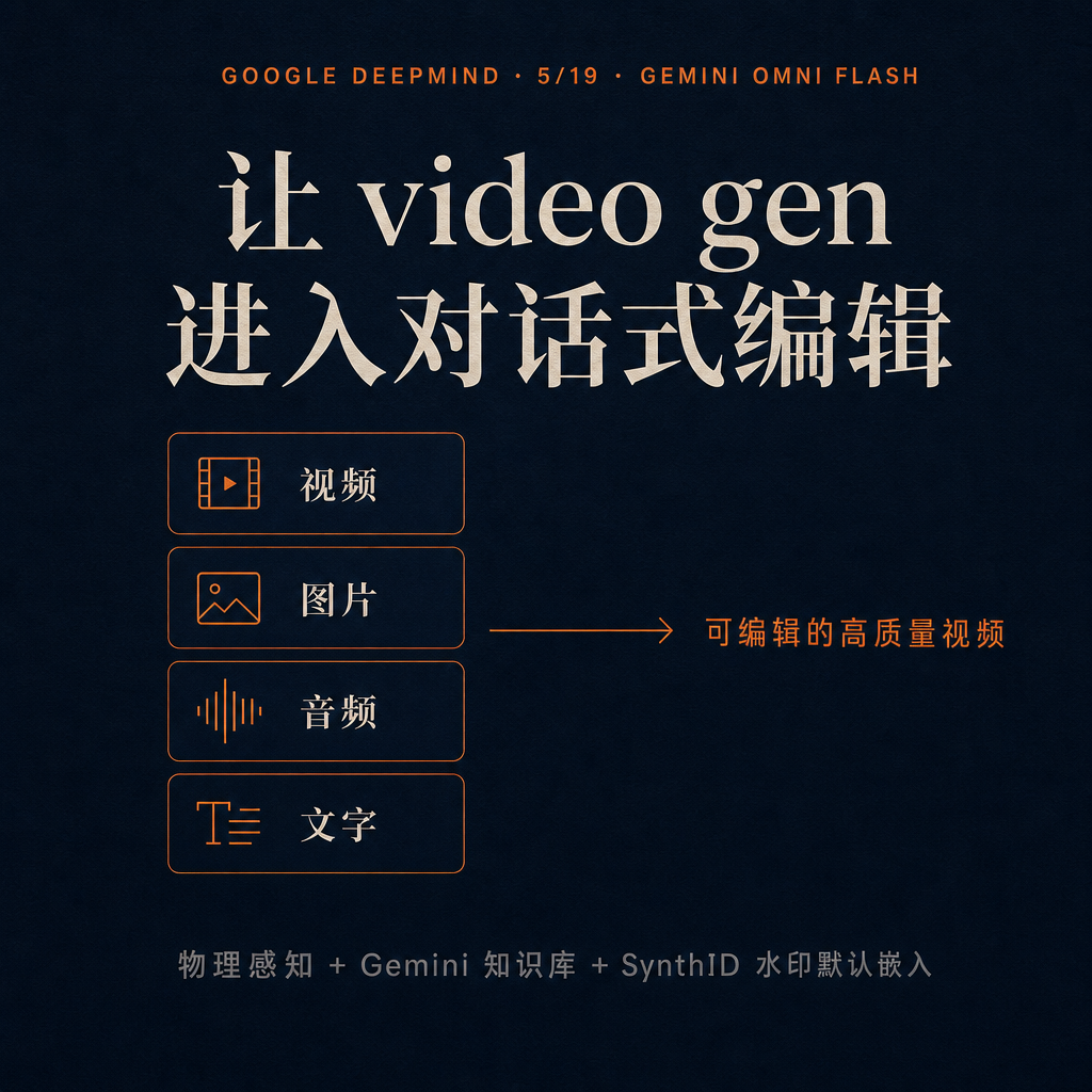 Google 上周(5/19)悄悄发了一份「Gemini Omni Flash」——是 Omni 这个新模型家族的首个版本,DeepMind CTO Koray Kavukcuoglu 亲自写的发布文。核心做的事:让 video gen 不只是「敲个 prompt 出一段视频」,而是可以对话式编辑。