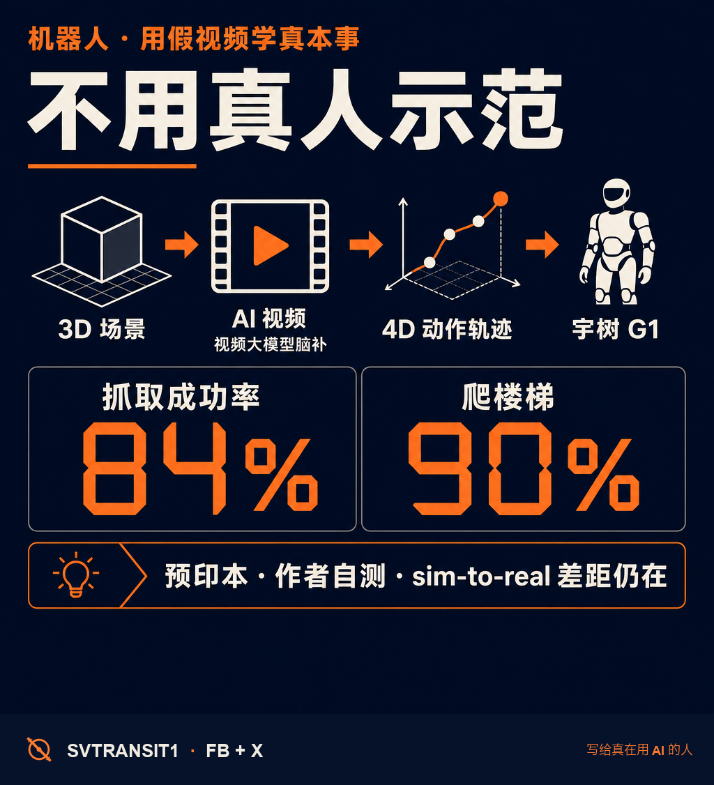 人形机器人最贵的一件事,是「教它干活」——通常得有人戴着设备,一遍遍遥控示范。有篇刚出的论文 GRAIL 干脆把这步跳了:它拿 AI 生成的「假视频」训练机器人,真机上手成功率 84%。🧐