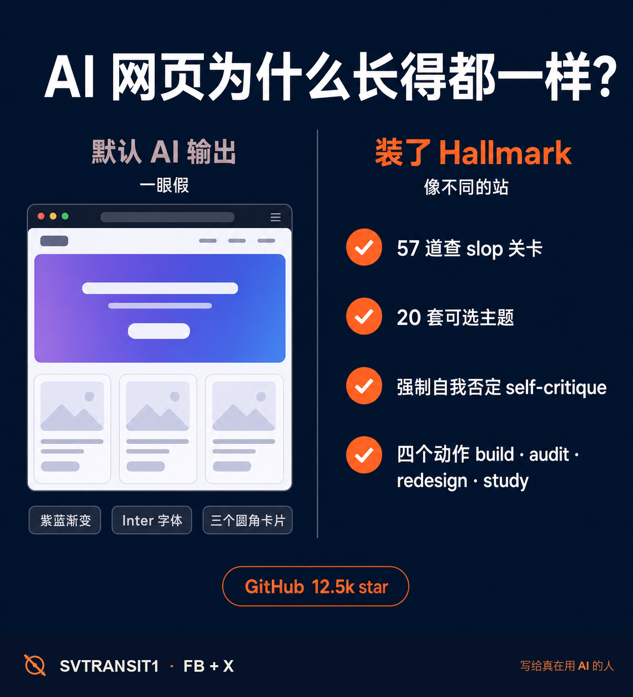 🎨 你有没有发现,现在 AI 生成的网页,长得几乎都差不多?同一批字体、同一套渐变、同一组圆角卡片——不管你用的是 Claude、Cursor 还是 Codex,出来的界面都像同一个模子刻出来的。