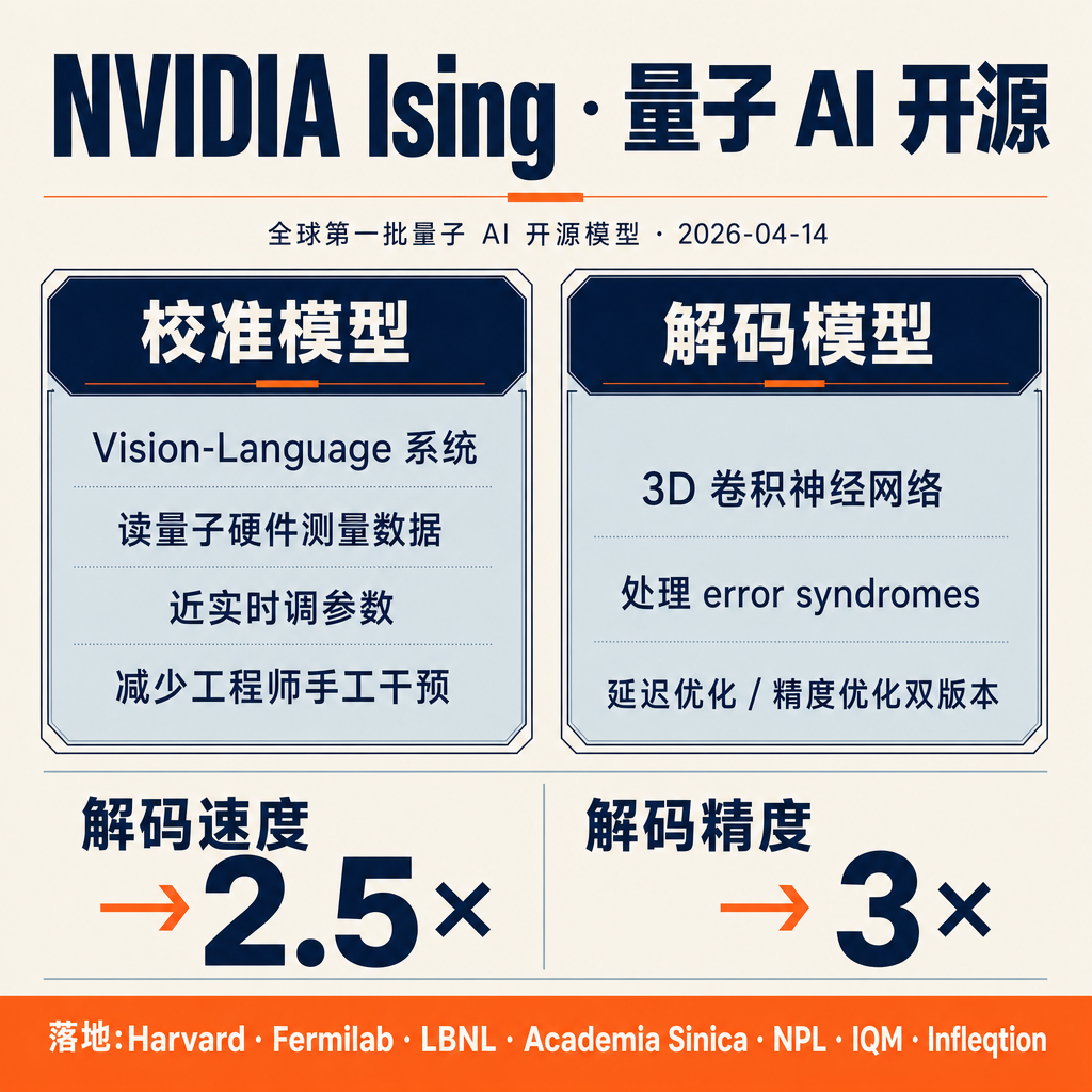 NVIDIA 4 月底丢出了一个开源 AI 模型族,叫 Ising。这事现在国内技术圈才开始转,值得一个完整段落来讲清楚——因为它指向的方向,跟过去两年所有 LLM 相关讨论都不一样。