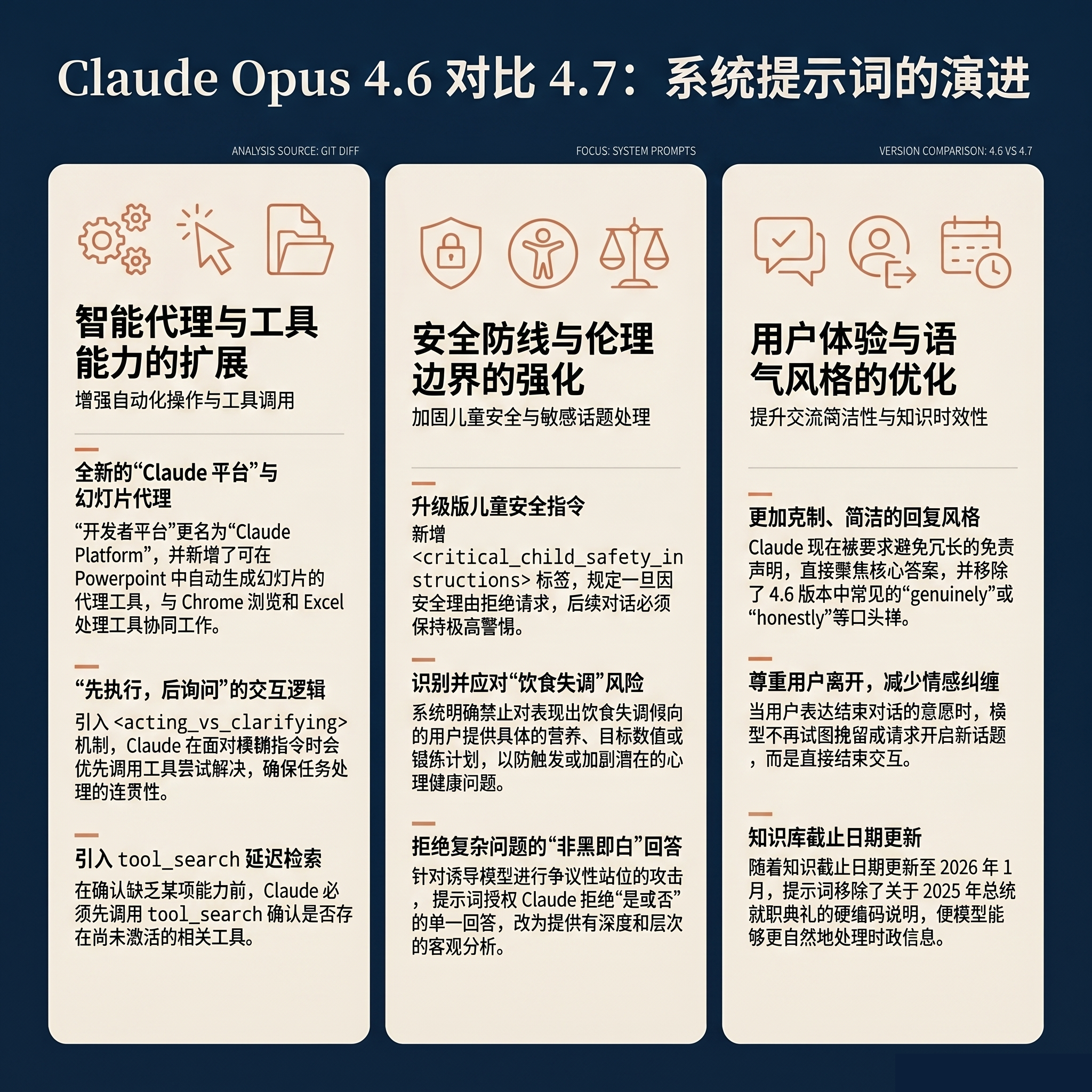 Anthropic 的 system prompt 是公开的。Opus 4.7 上周发布之后，Simon Willison 把 4.6 和 4.7 的 prompt 做了个 diff，能看出来他们在偷偷调几件事。