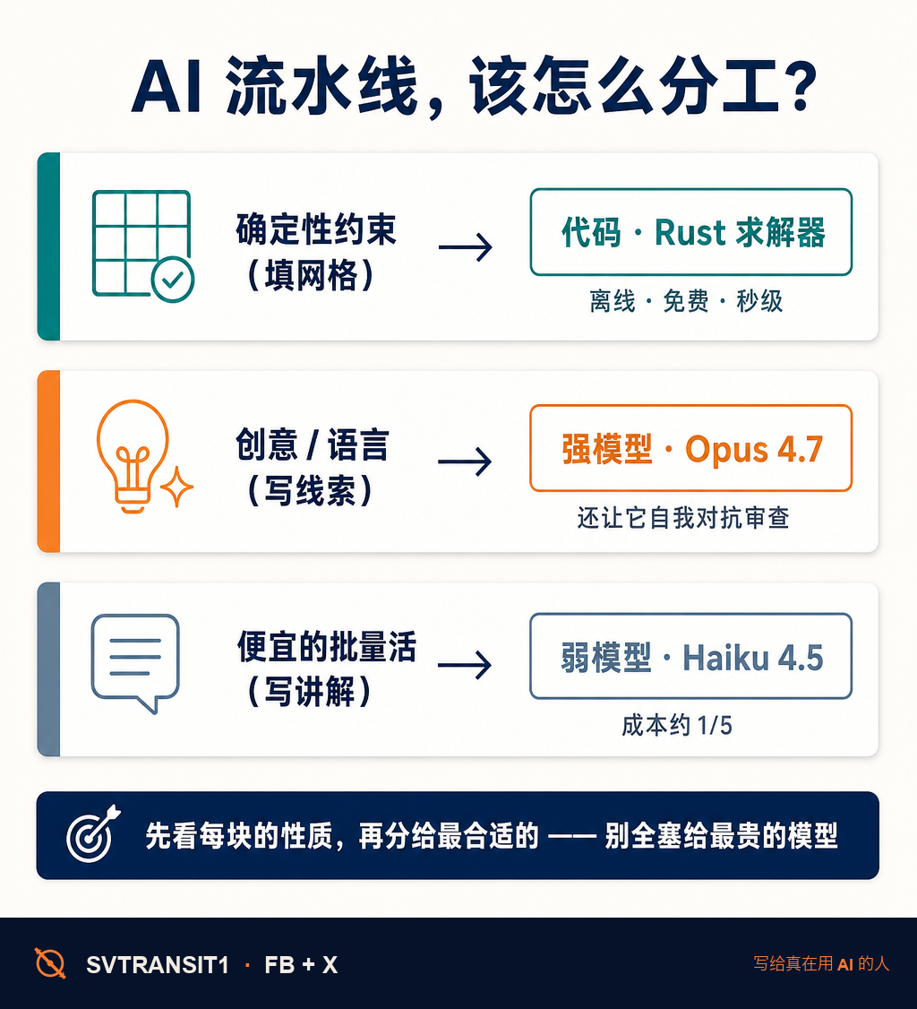 搭 AI 流水线,最常见的一个坑,是想让一个大模型把整件事从头干到尾 🤔 结果往往又慢、又贵、又不可控。到底哪些活该交给大模型,哪些不该?有个填字游戏项目,把这件事讲得特别清楚。