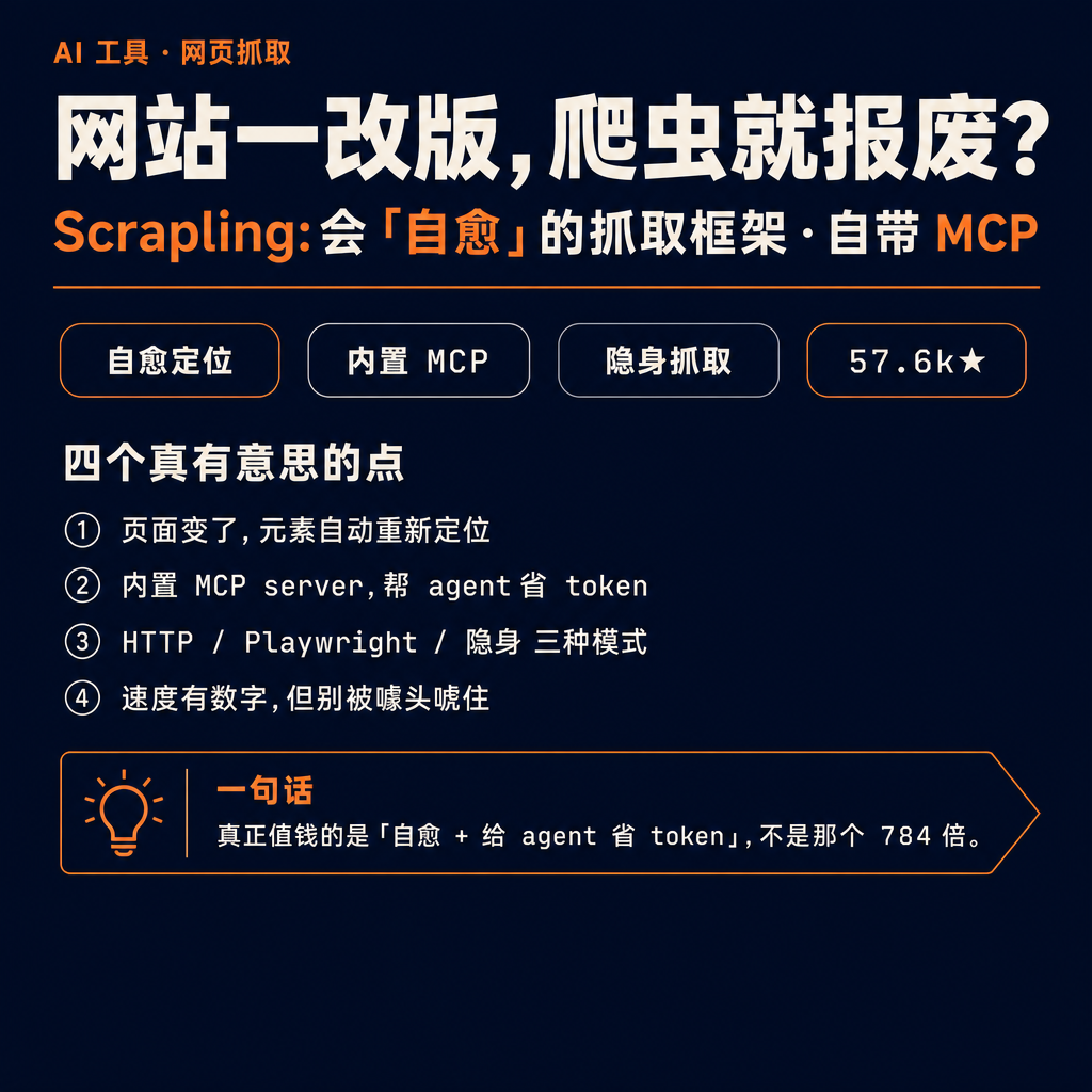 写过爬虫的都懂这个痛:网站一改版,你辛苦写的选择器集体阵亡,脚本第二天就报废。🕷️ GitHub 上一个叫 Scrapling 的框架(57.6k star,BSD 协议)想治这个老毛病,顺手还把 AI agent 也照顾到了。挑四个真有意思的点说说: