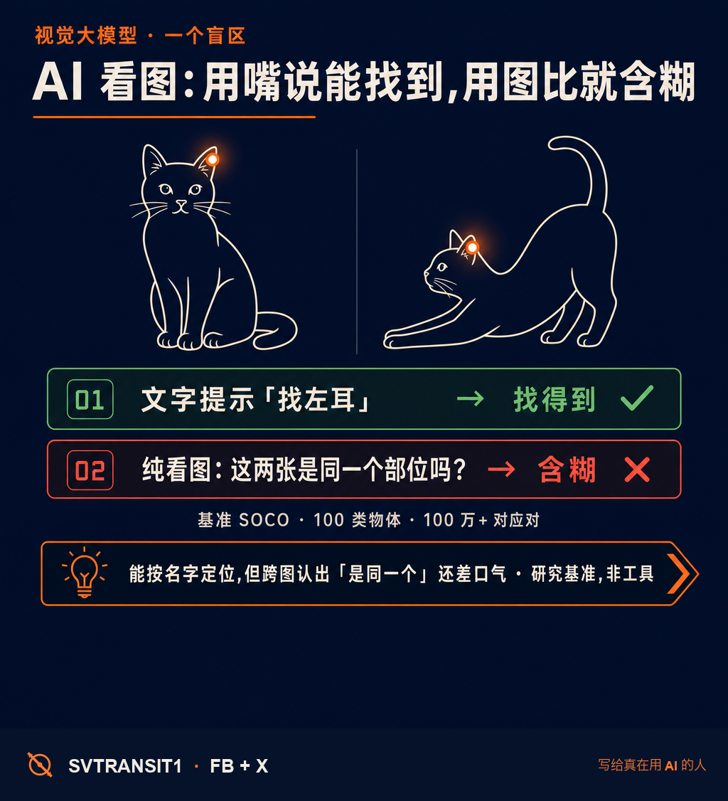 AI 看图现在到底多强?有个刚出的基准 SOCO 专门去戳它一个软肋。结果挺反直觉:你用嘴说,它找得到;你拿图比,它就含糊。🧐