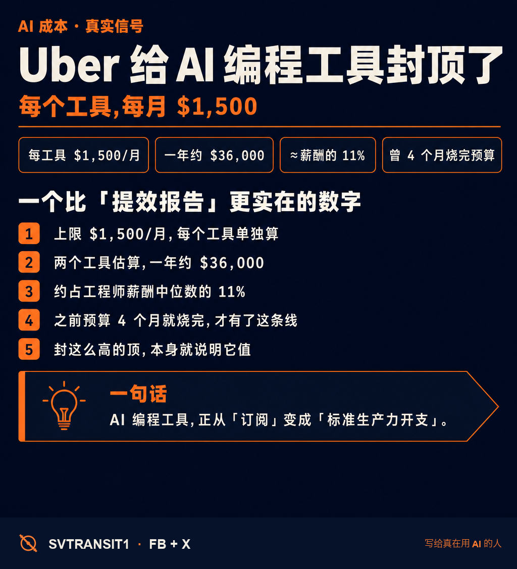 Uber 给每个工程师用 AI 编程工具的钱,定了个上限:每个工具,每月 $1,500。这个数字,可能比任何一份「AI 提效报告」都更能说明问题。🧐 几点拆开看:
